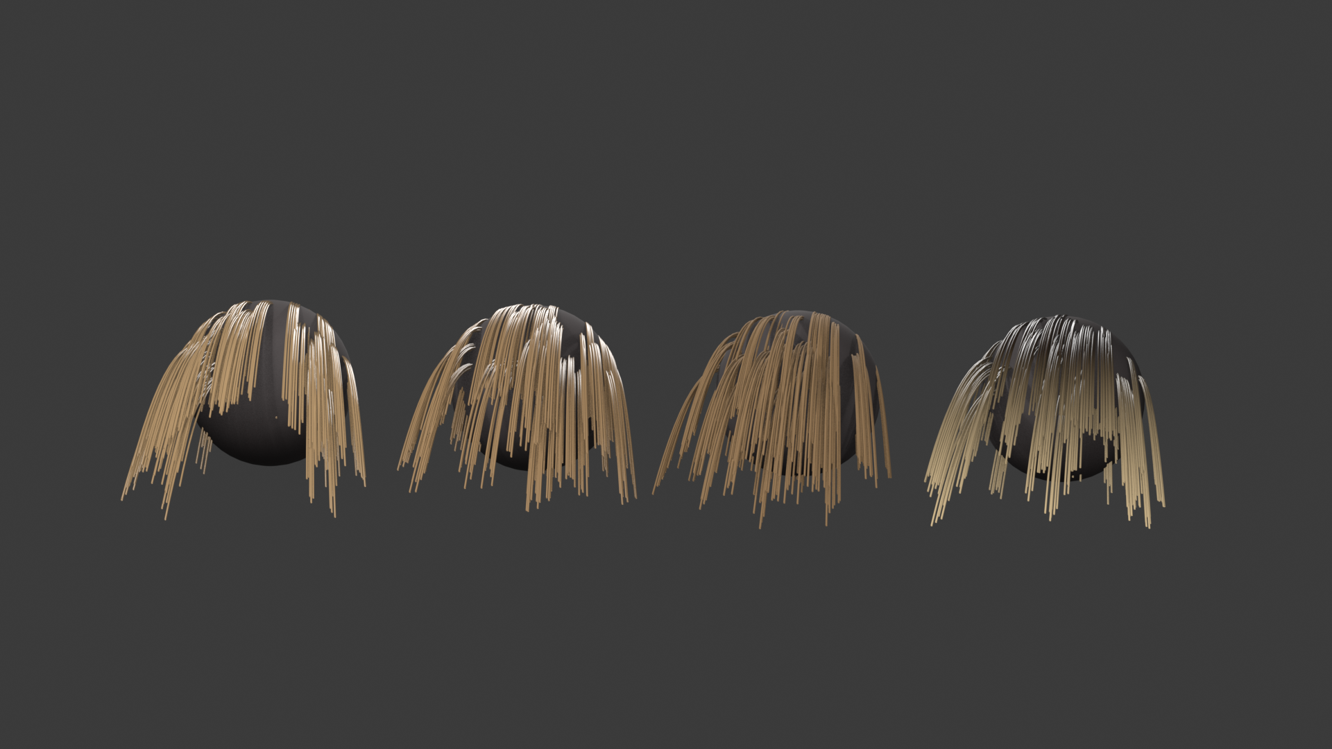 Four hair spheres rendered at increasing roughness plus a color-gradient variant