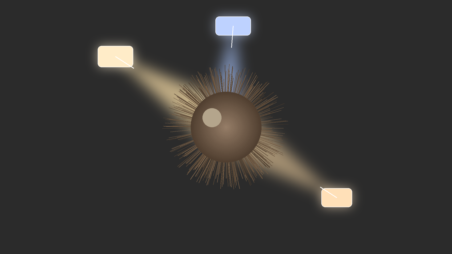 Three-point lighting setup around a hair sphere with key, rim, and fill lights