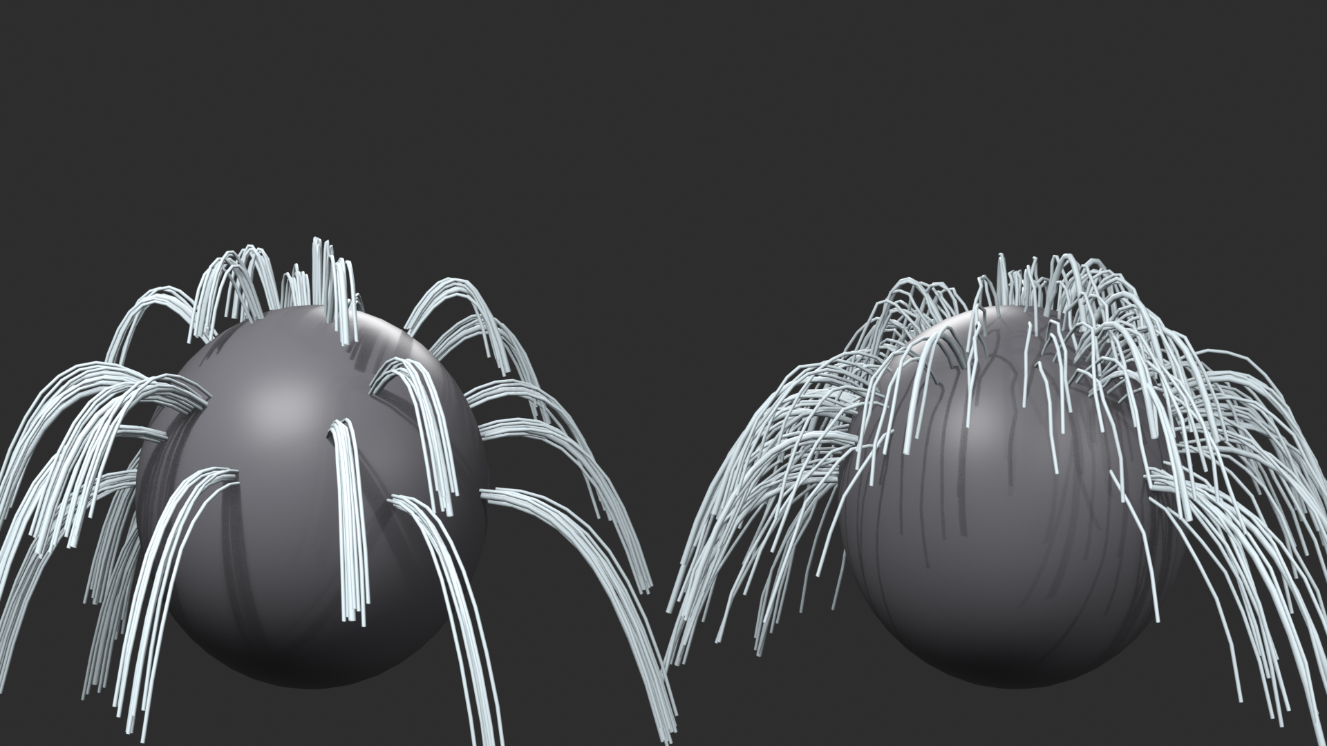 Two hair heads side by side: the left shows tight separated clumps, the right shows dense even coverage.