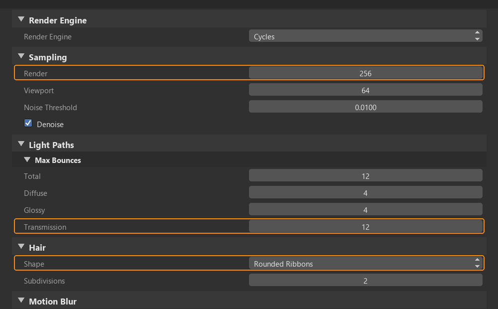 Cycles render properties panel with hair-critical settings highlighted