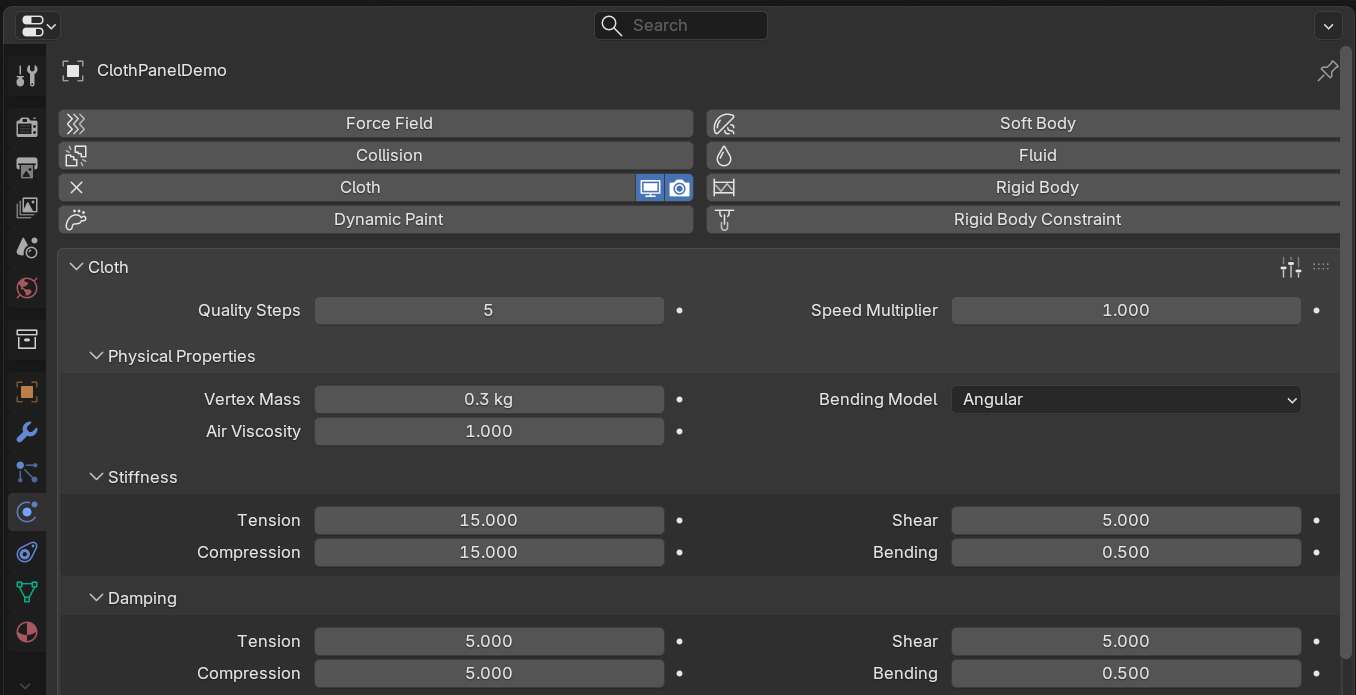 Blender Physics Properties panel with the Cloth physics type enabled, showing the Cloth panel with Quality Steps, Physical Properties, and Stiffness settings.