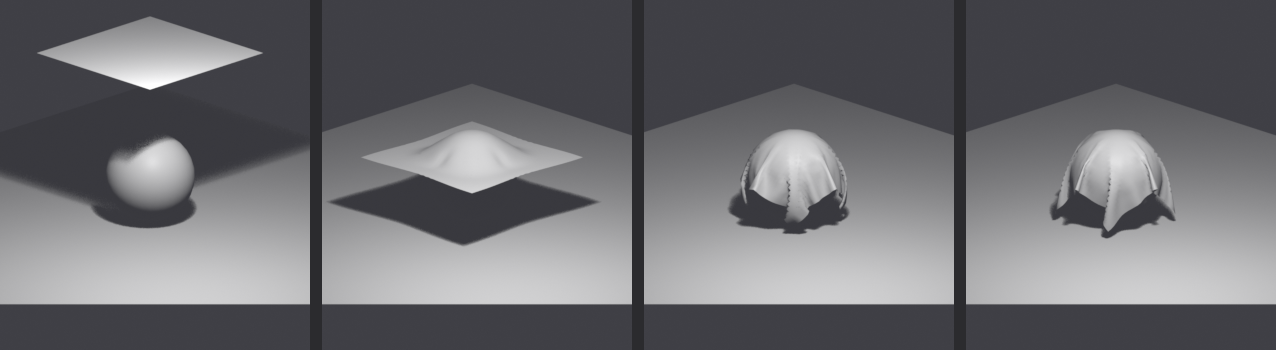 Four-frame sequence of a square cloth falling onto a sphere: suspended flat above the sphere, making first contact and tenting up over the top, draping down the sides, then settled into a final drape with hanging corners.