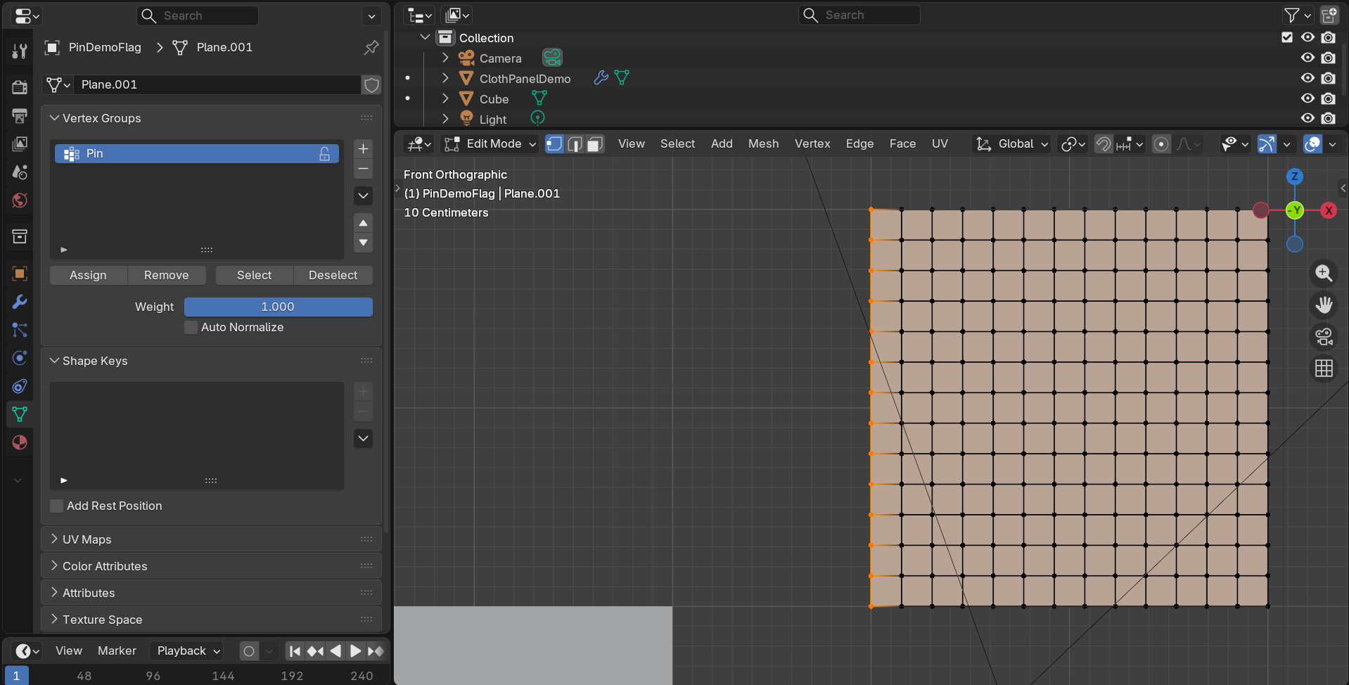 Blender Edit Mode with the left edge of a subdivided plane selected; the Object Data Properties panel shows a Pin vertex group with Assign, Remove, Select, and Deselect buttons and Weight set to 1.000.