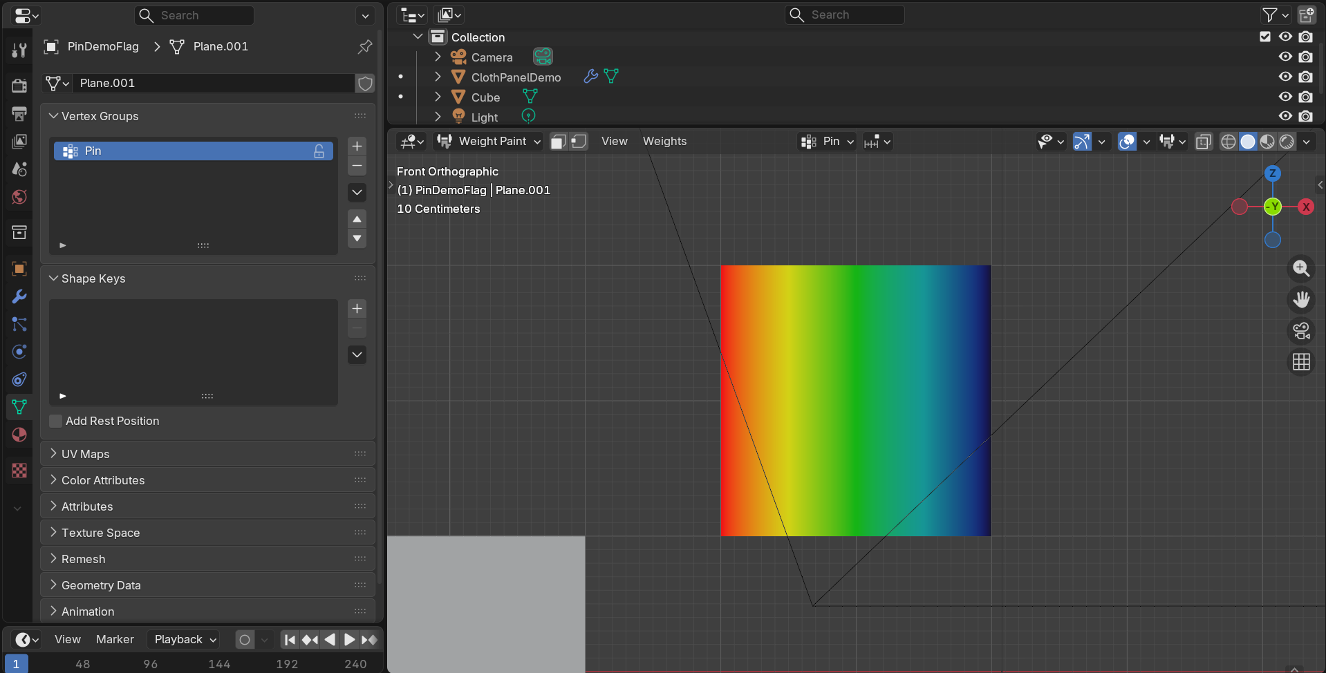 Blender in Weight Paint mode with the Pin vertex group active; the cloth plane shows a red-to-blue weight gradient, red on the pinned left edge and blue on the free right edge.