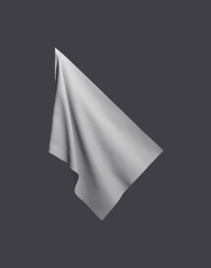 A cloth flag pinned along its upper-left edge while the rest of the fabric drapes and billows down to the right.