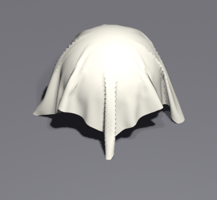 A single piece of cloth draped over a sphere: the fabric makes smooth rounded contact across the top of the sphere and falls into soft folds down the sides with hanging corners.