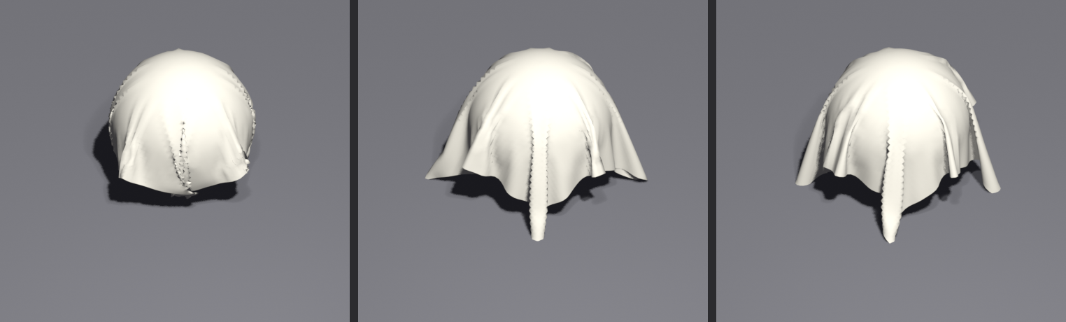 Three side-by-side renders of the same cloth draping over a sphere at increasing collision Quality settings: at low quality the cloth pokes through with a jagged seam, at medium it drapes more fully, and at high quality it forms a clean complete drape.