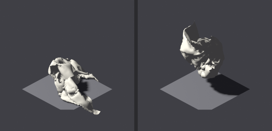 Two renders of the same crumpled cloth. With self-collision off the cloth collapses flat and its layers pass through each other; with self-collision on the cloth keeps its volume and the layers stack on top of one another.