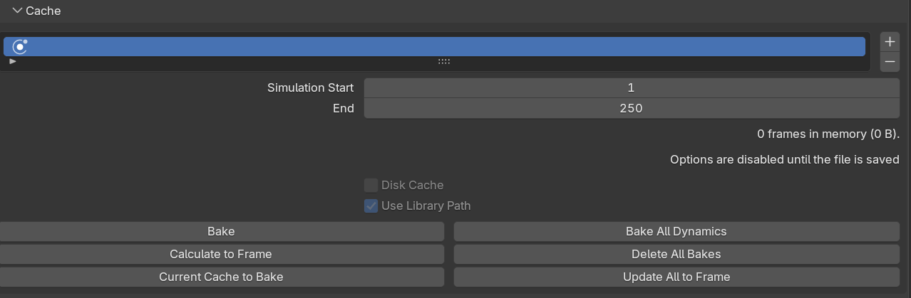 The Cache panel in Blender's physics properties, showing the Simulation Start and End frame fields set to 1 and 250, the Disk Cache option, and the Bake button used to compute and store the simulation.