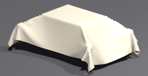 A simulated tablecloth settled over a rectangular table, with a smooth flat top surface and soft folds hanging over the edges and at each corner.