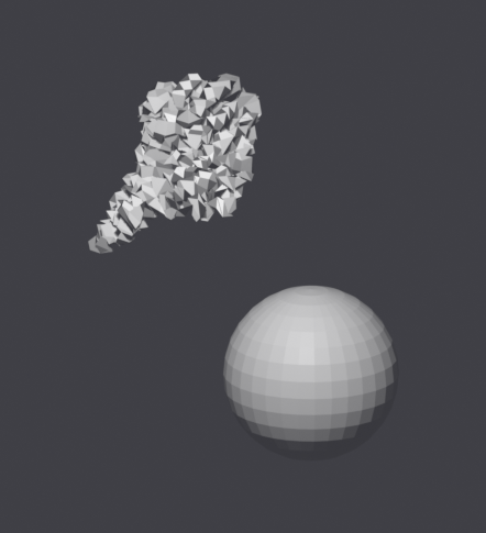 A cloth simulation that has gone unstable: the fabric has shredded into a spiky, self-intersecting mass flung up and away from the collider sphere, which remains intact below.
