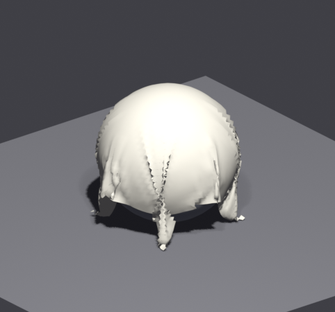 A cloth draped over a sphere where collision has partly failed: the sphere surface breaks through the fabric along jagged, torn seams.