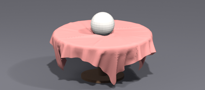 The same project scene after baking: the tablecloth has settled over the bowl and drapes down over the round table edge with soft radial folds and a scalloped hem.
