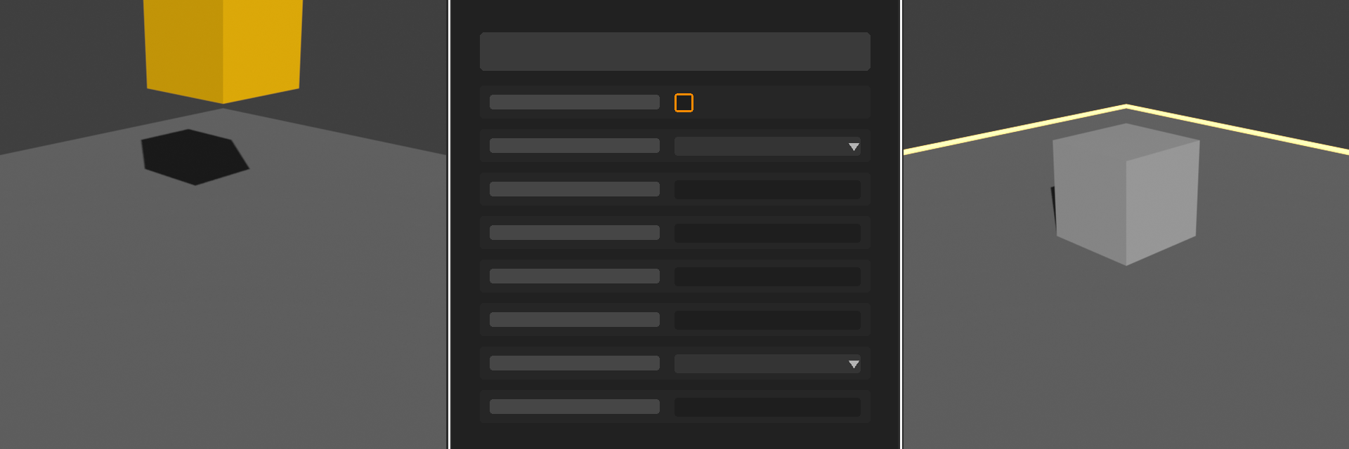 Three-panel Blender setup: an Active orange cube elevated above the ground, the Physics Properties panel with Rigid Body enabled and Type set to Active, and the ground plane configured as a Passive collision surface.