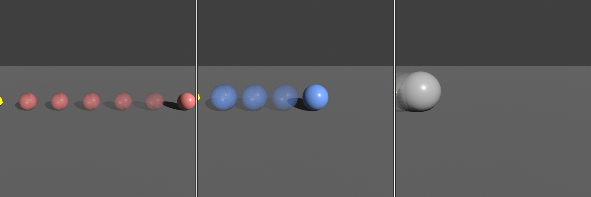 Three spheres of increasing mass after an identical impact: a light sphere thrown far, a medium sphere moved moderately, and a heavy sphere barely displaced.