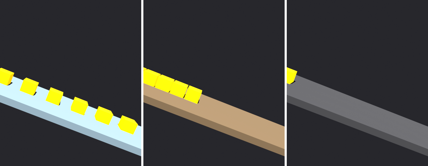 Three identical cubes released on ice, wood, and rubber ramps, sliding progressively shorter distances as friction increases.