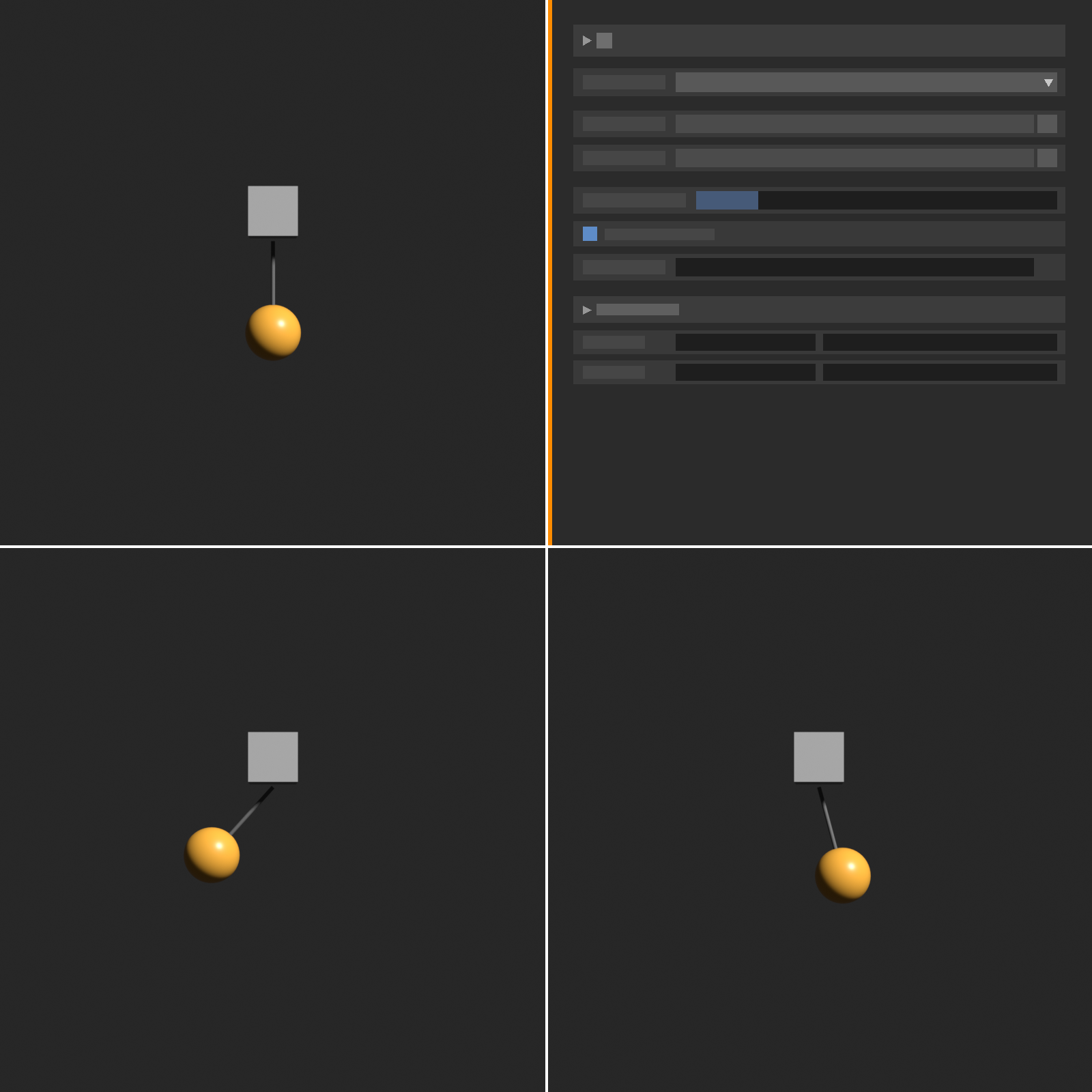 Four-panel pendulum tutorial: objects and Point constraint positioned, the constraint properties configured, the sphere displaced to one side, and the sphere mid-swing.