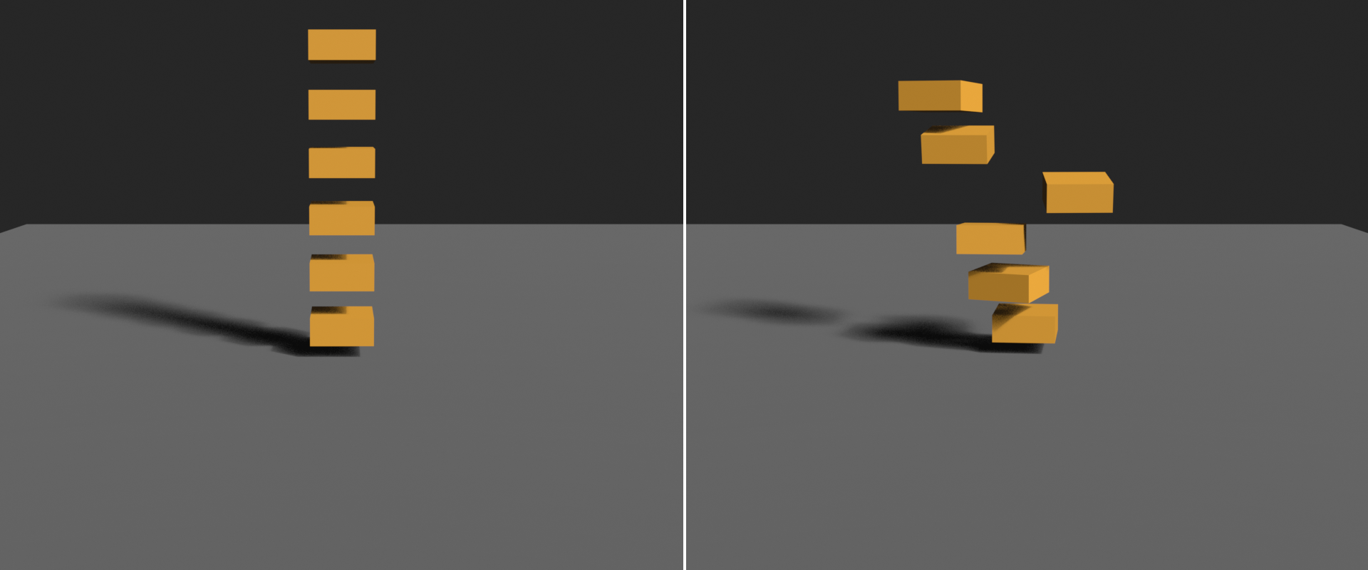 Two stacks compared: a stable, aligned stack produced by high solver settings and an unstable, toppling stack produced by low solver settings.