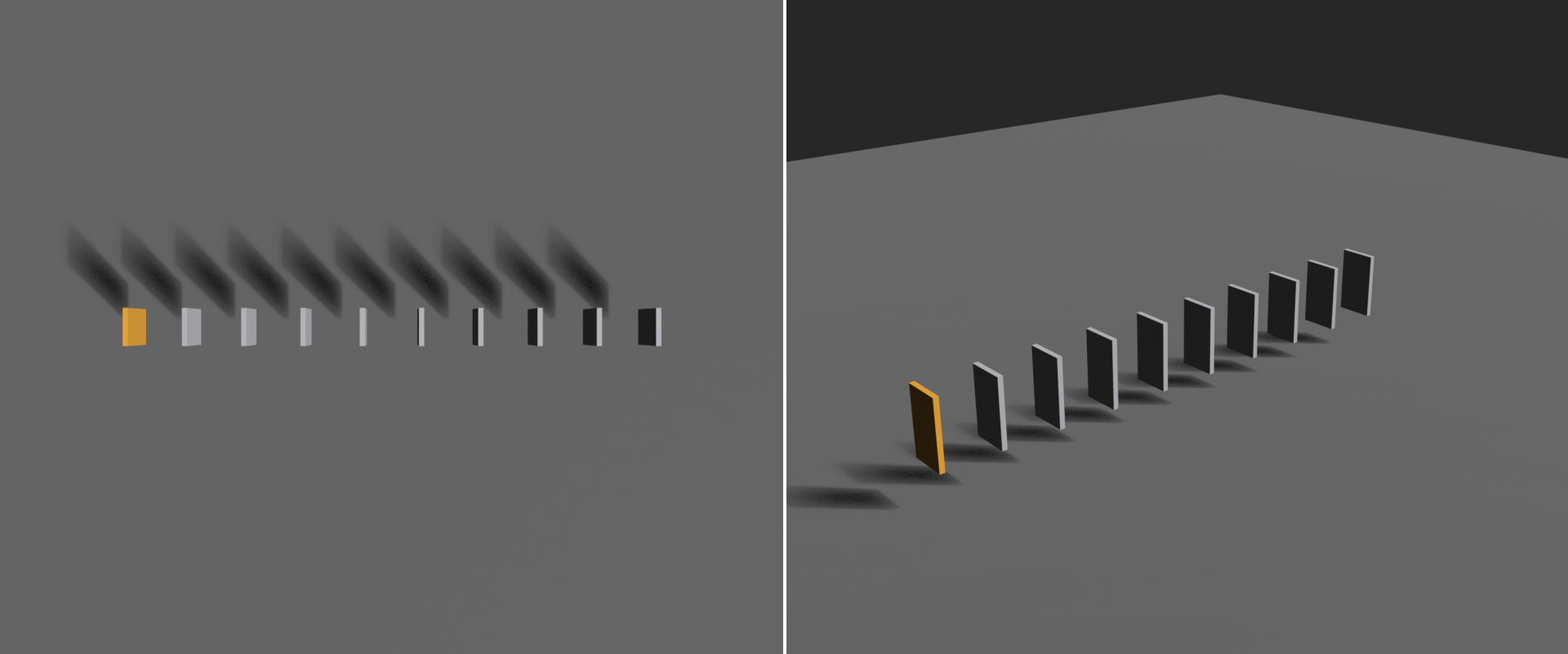 Dual view of a domino chain: a top view showing even spacing between dominoes and a perspective view of the same upright line, first domino highlighted.