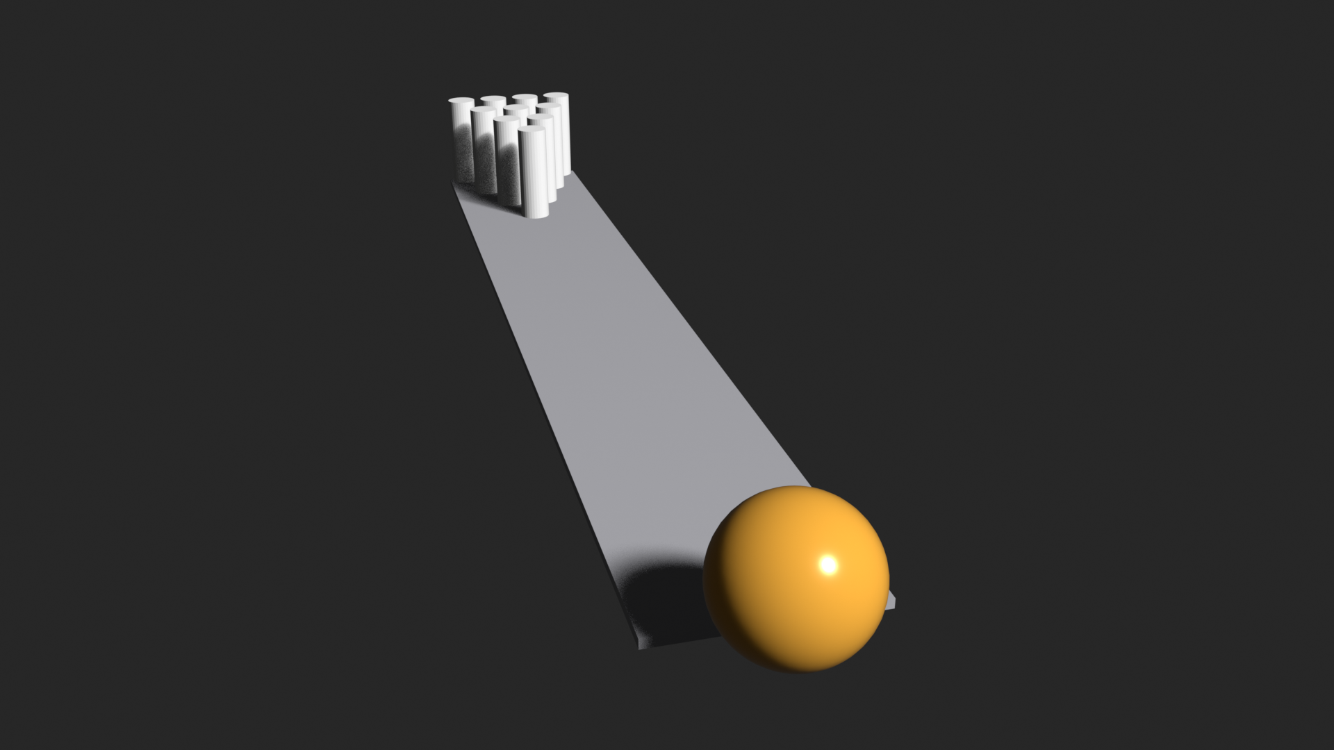 Angled view of a bowling setup with a 7 kilogram ball, a low-friction lane, and ten pins in a triangle formation, ball trajectory marked toward the pins.