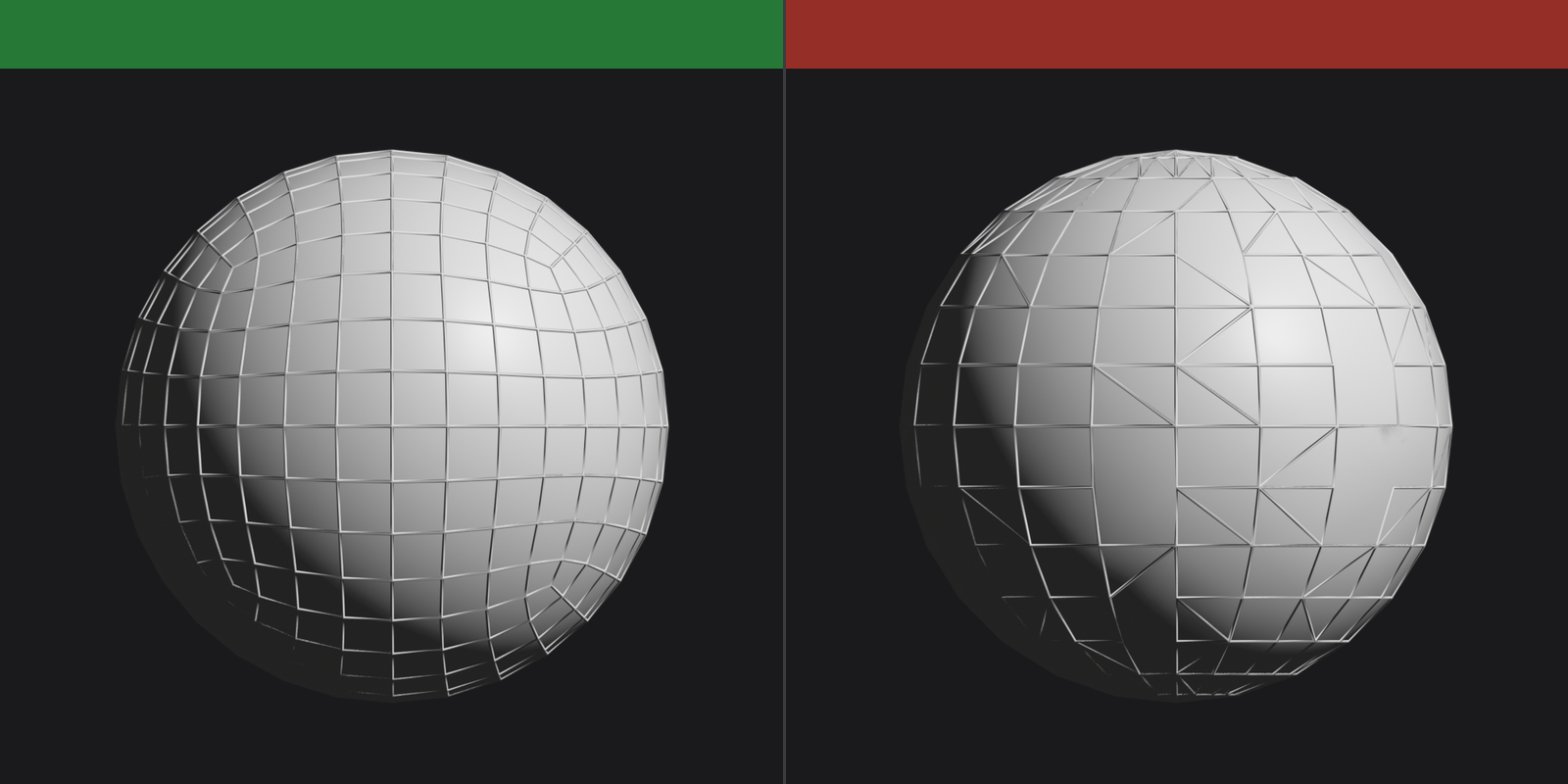 Side-by-side topology comparison: a clean all-quad character mesh on the left under a green GOOD band, and a triangulated mesh with n-gons on the right under a red BAD band.