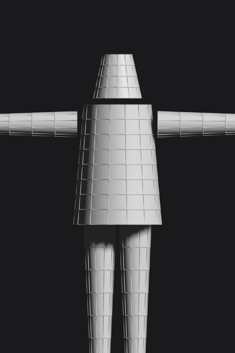 Front-orthographic wireframe of a full-body character with colored ellipses marking the continuous edge loops ringing the neck, torso, arms, and legs.