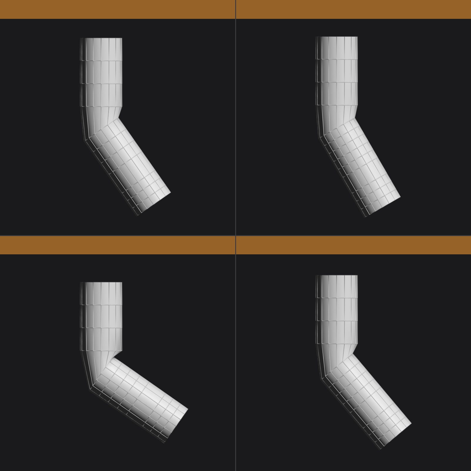 Two-by-two grid of bent joints: elbow, knee, shoulder, and hip, each labeled with the number of edge loops needed to deform cleanly.