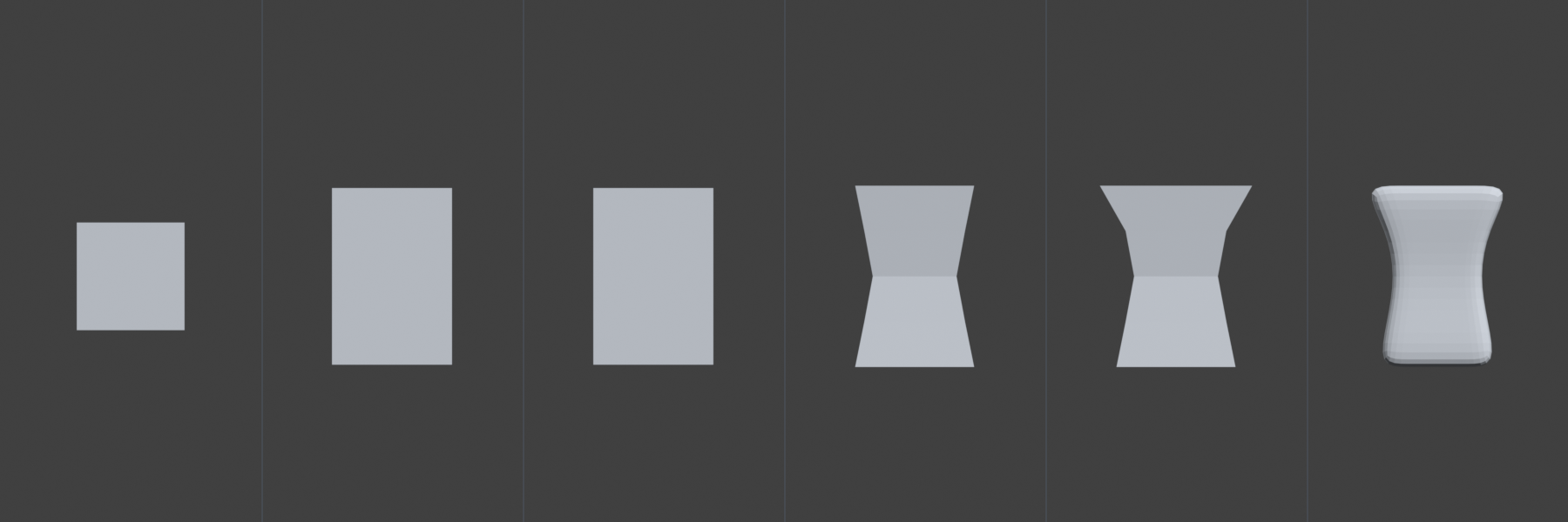 Box modeling sequence: cube scaled, subdivided, shaped, shoulders pulled out, then subdivision-smoothed