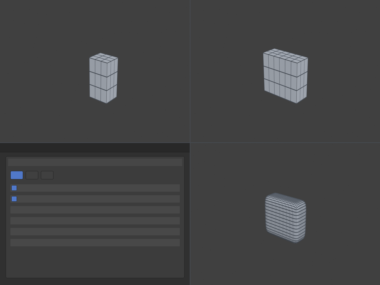 Mirror modifier four-panel setup: delete half, add modifier, settings, result