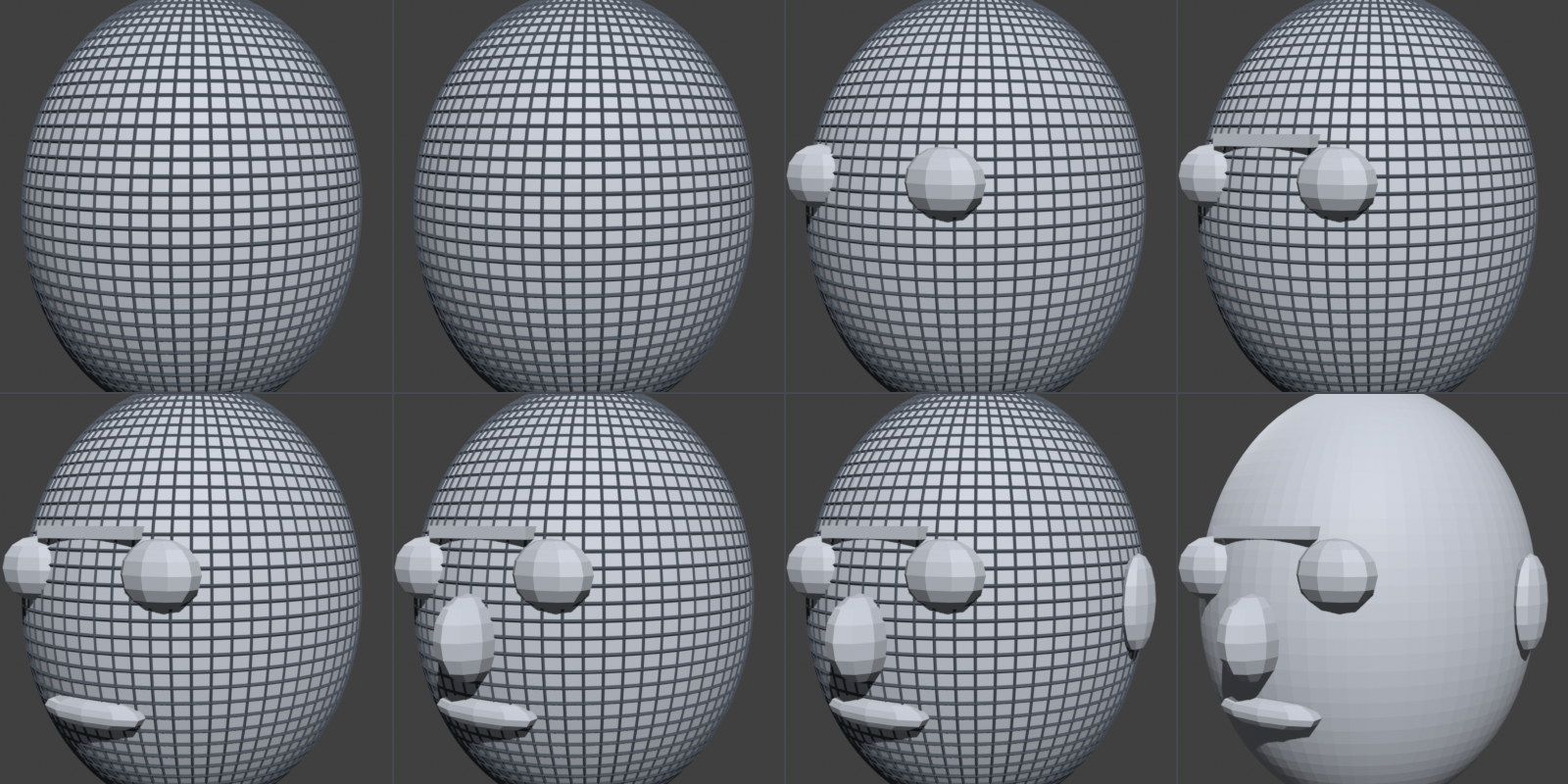Face construction eight-frame sequence from sphere to refined head
