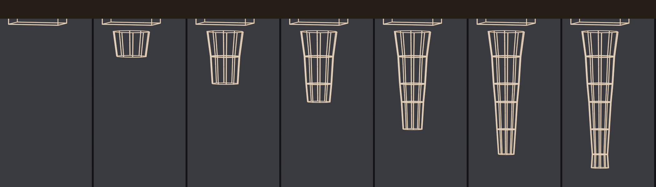 Seven-panel leg extrusion sequence from hip socket to complete tapered leg