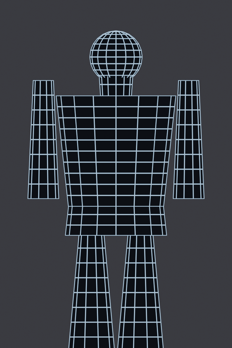 Full-body humanoid wireframe showing horizontal and vertical edge loops and connection points