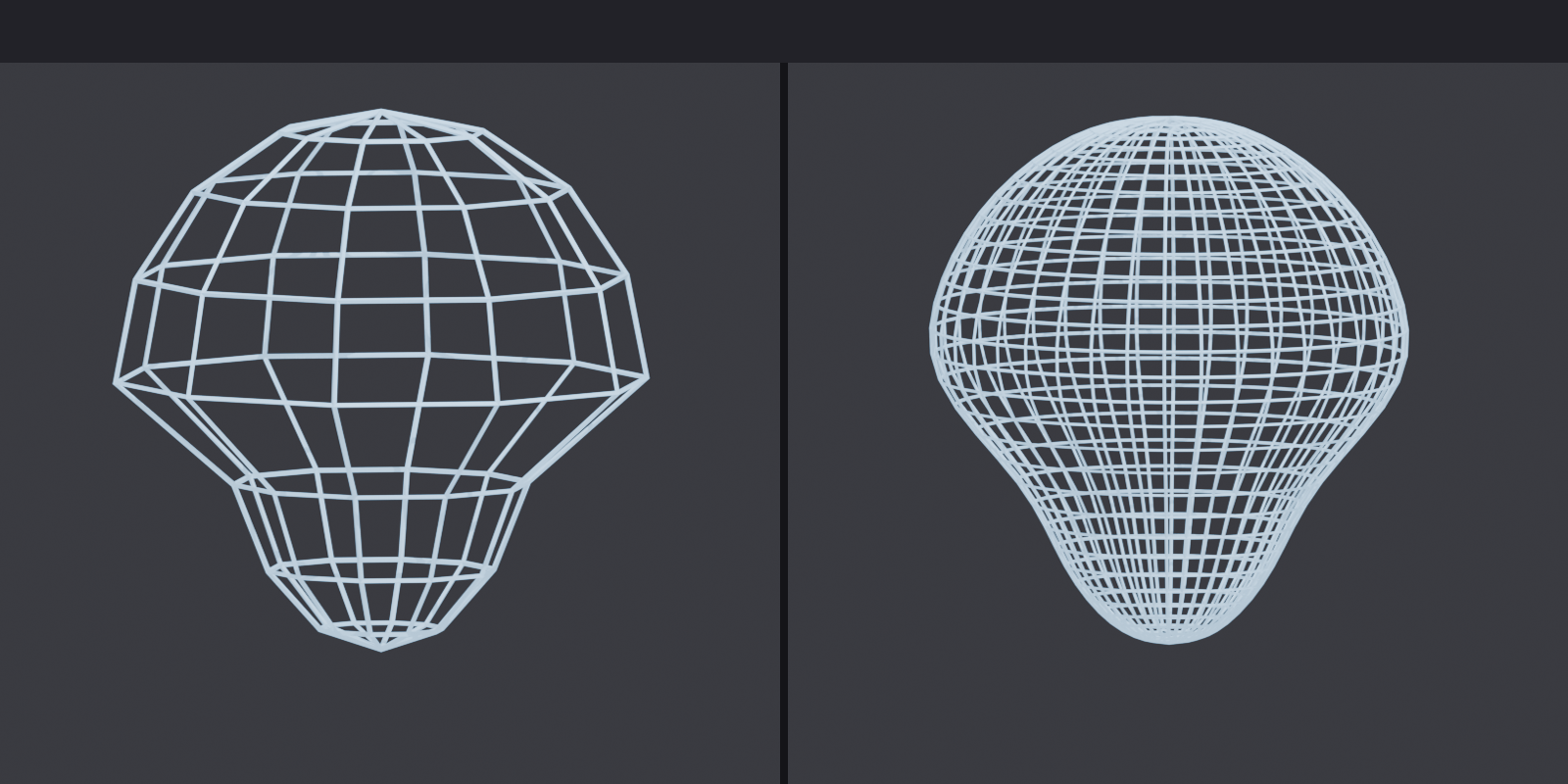Two-panel comparison of a low-poly base mesh and its subdivided smooth result