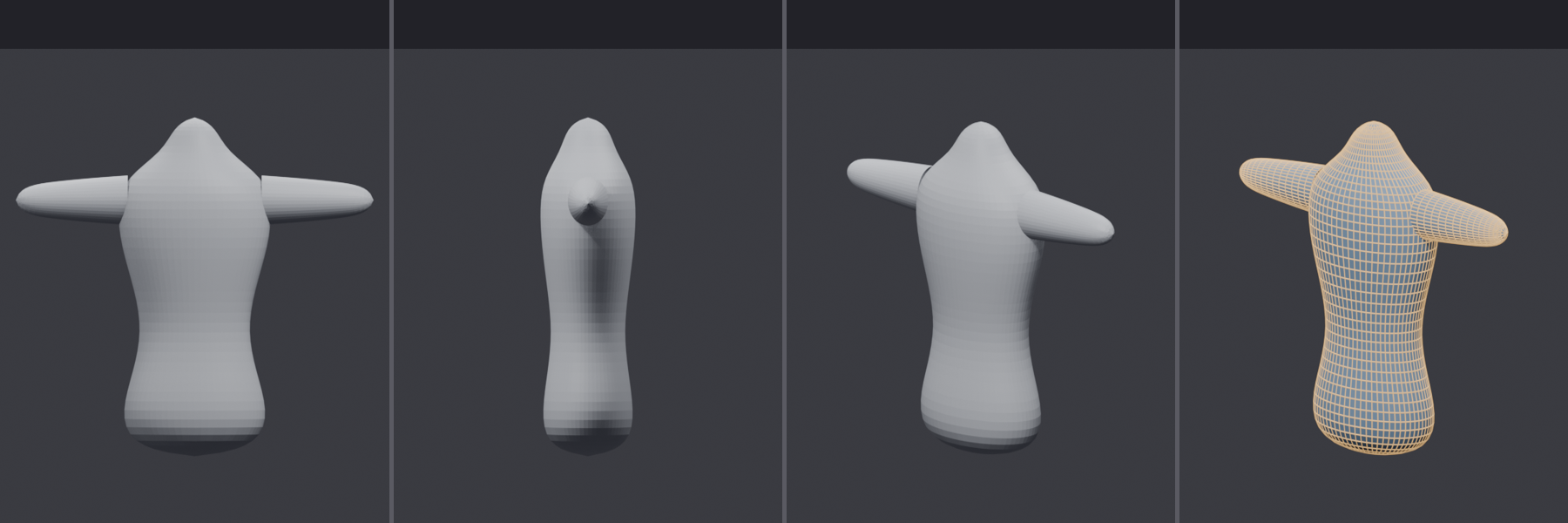 Four-view reference renders of the completed project torso: front, side, three-quarter, and wireframe