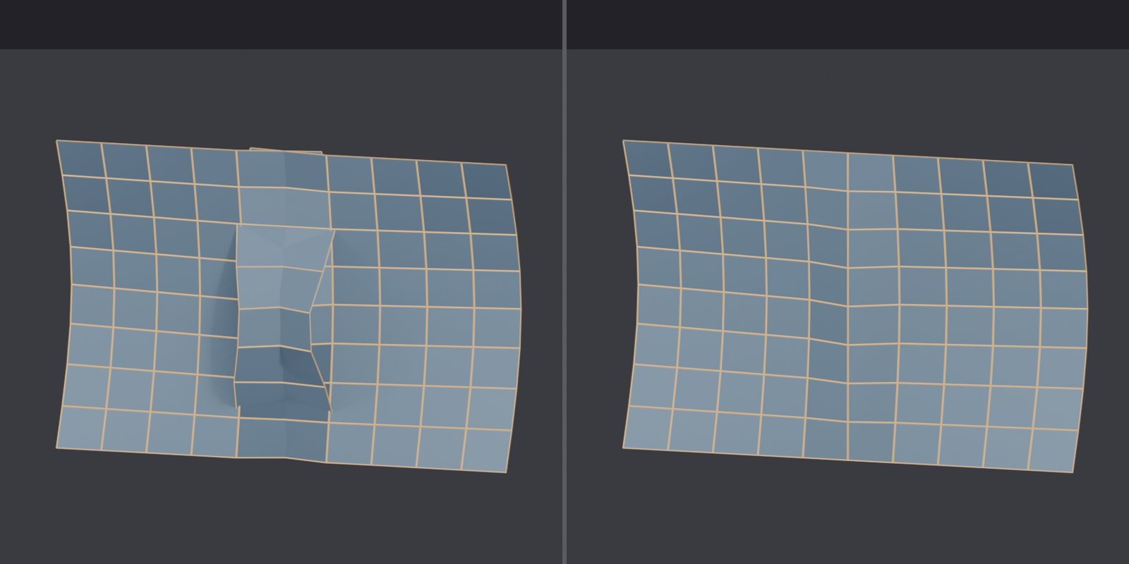 Two-panel comparison of mirror modifier clipping disabled versus enabled at the center line