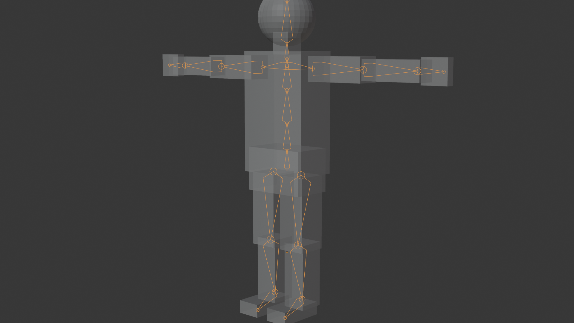 A semi-transparent character mesh in T-pose with an orange octahedral armature visible inside it, callouts labeling the mesh surface, the armature skeleton, a single bone, and a joint connection point.