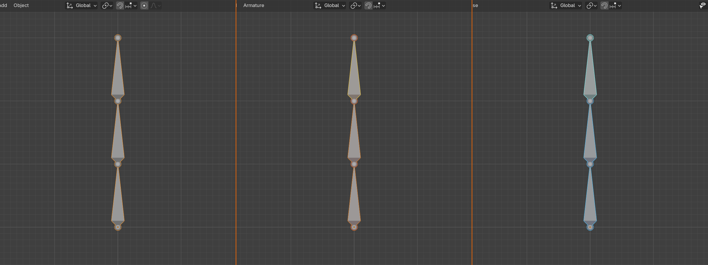 The same three-bone armature shown in three panels: Object Mode with a grey object outline, Edit Mode with orange-selected bones, and Pose Mode with cyan-tinted bones.