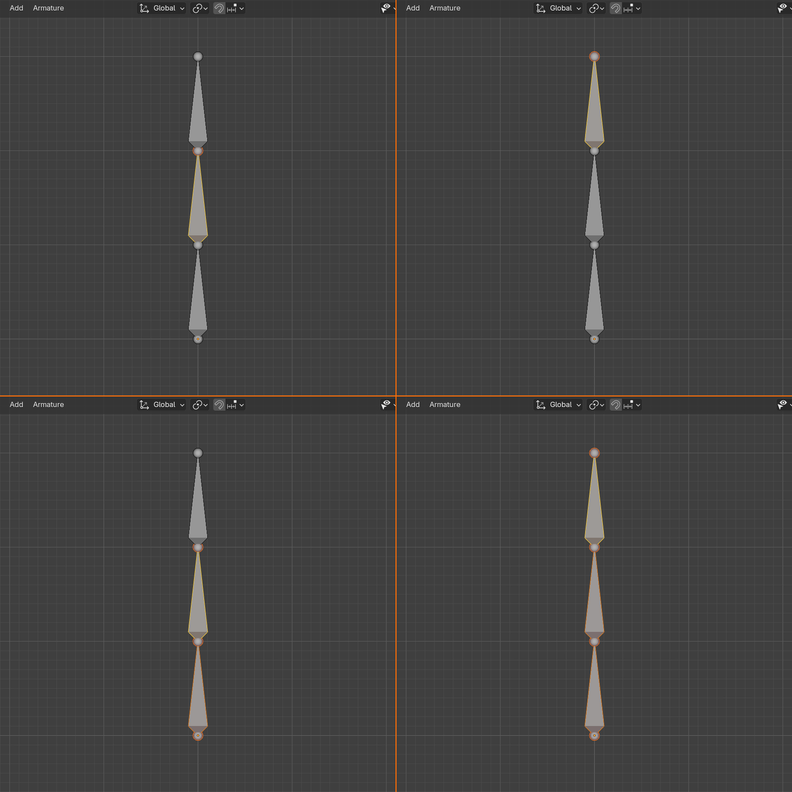A two-by-two grid of bone selection techniques in Edit Mode: clicking a bone body, clicking a head or tail sphere, box select with a drag rectangle, and circle select with a paint brush.