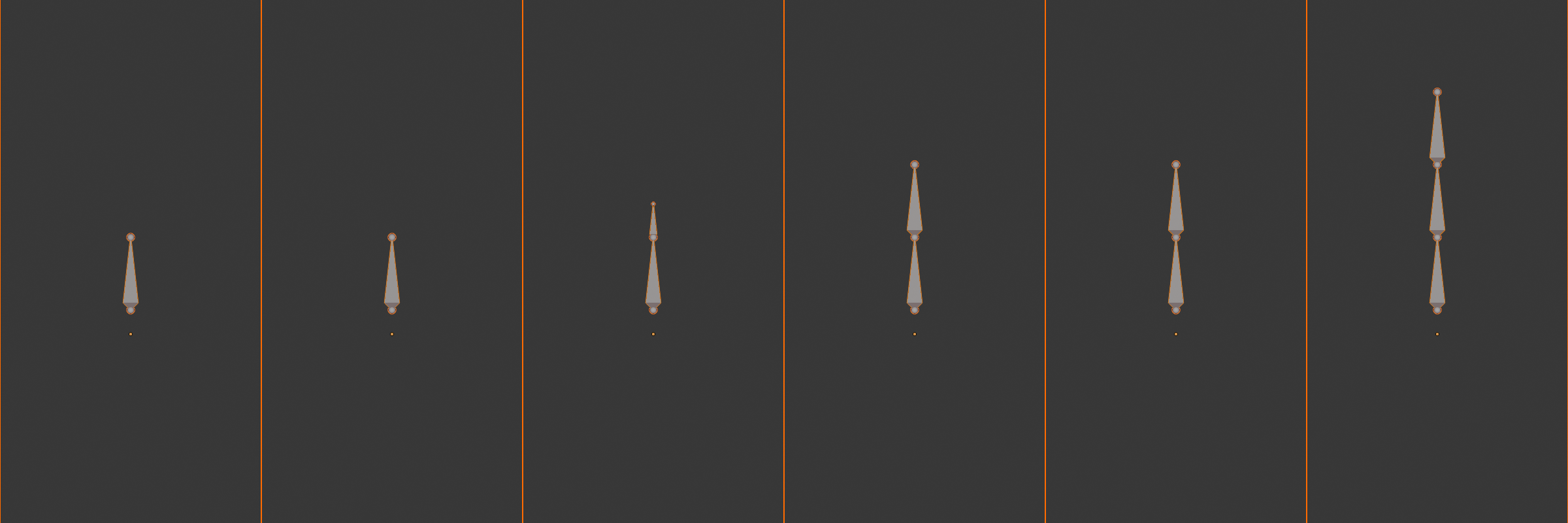 A six-step sequence showing a single bone extruded into a three-bone chain: select the tail, press E, move up, click to confirm, repeat, and the finished connected chain.