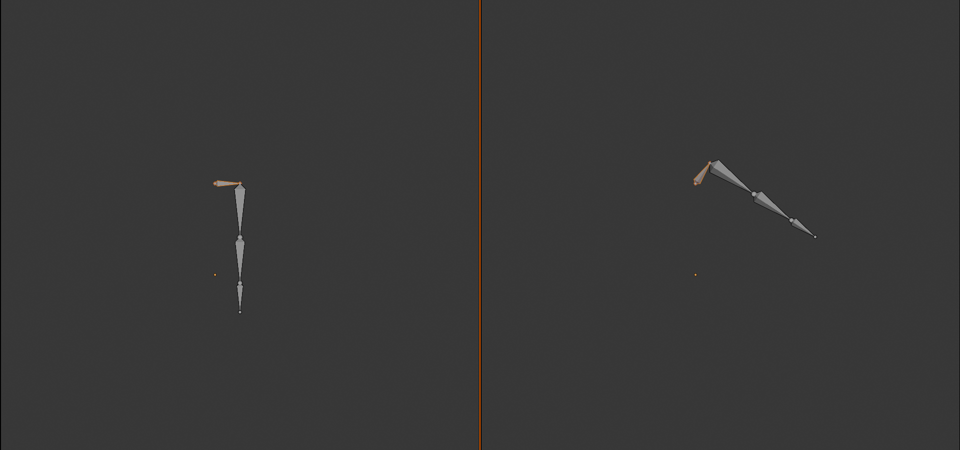 A before-and-after comparison in Pose Mode: on the left the shoulder bone is selected at the top of a vertical arm chain; on the right the shoulder has been rotated and the whole arm chain has followed.