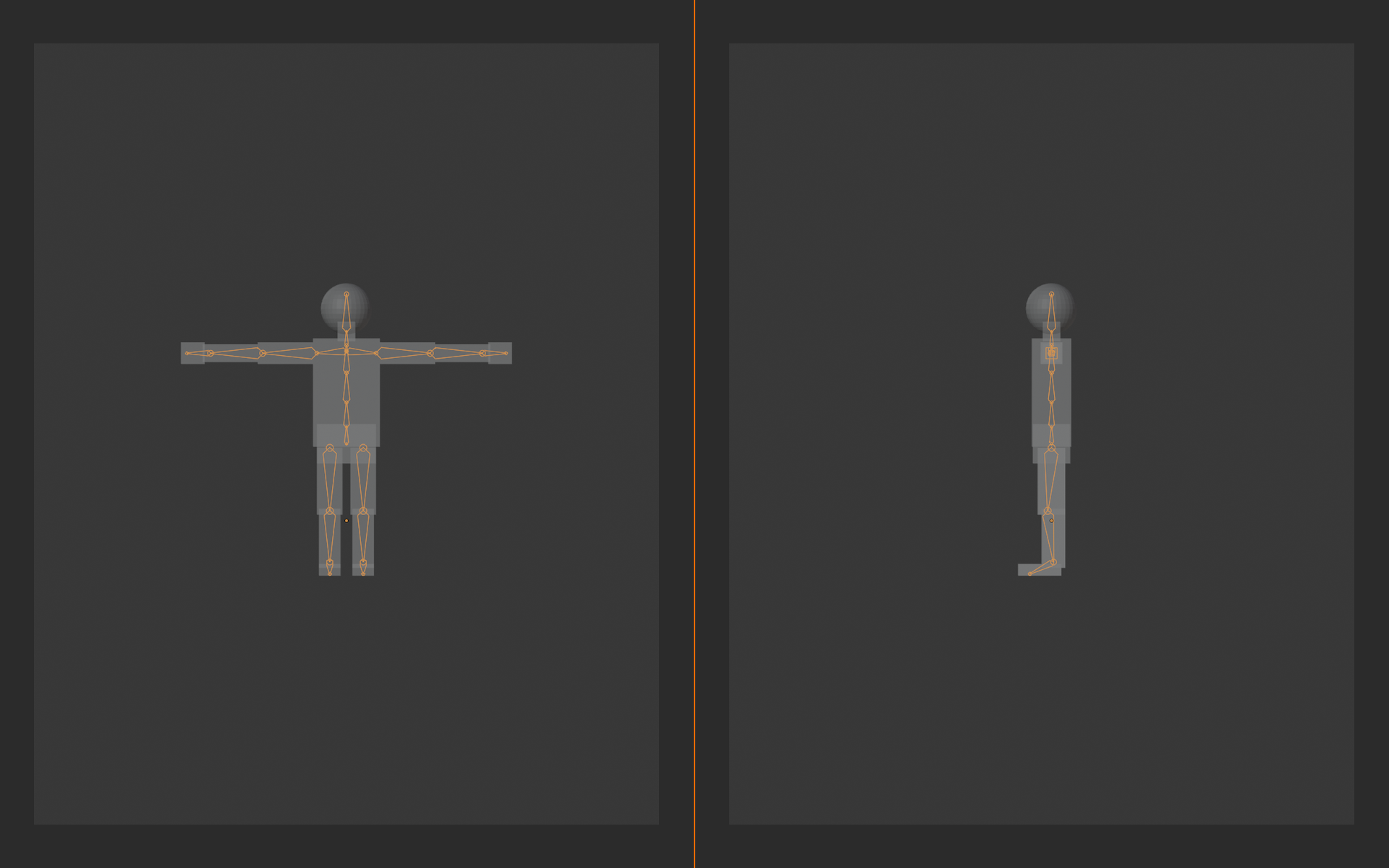 Front and side orthographic views of a character mesh with its armature inside, marking the shoulder inside the ribcage, the hip deep inside the pelvis, the natural spine S-curve, and the slightly forward knee.