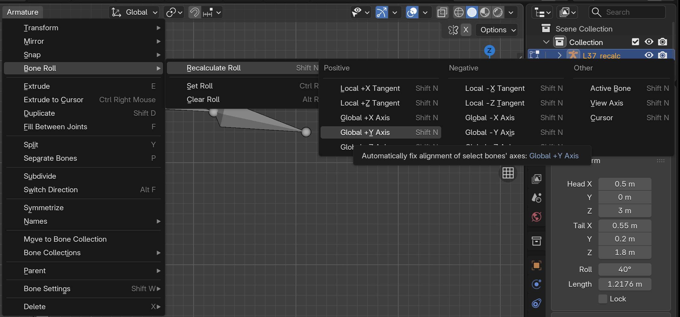 The Armature menu open with Bone Roll and Recalculate Roll submenus expanded and the Global +Y Axis option highlighted, alongside a Bone Properties panel showing a misaligned Roll value.