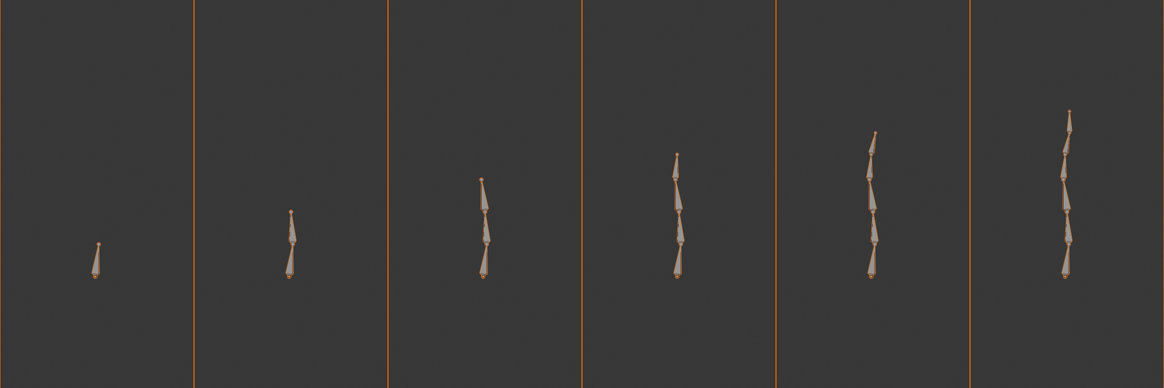 A six-panel sequence building the spine chain from the bottom up: pelvis, then spine_01, spine_02, spine_03, neck, and head, each new bone extending and forming a gentle S-curve, all connected in one chain.