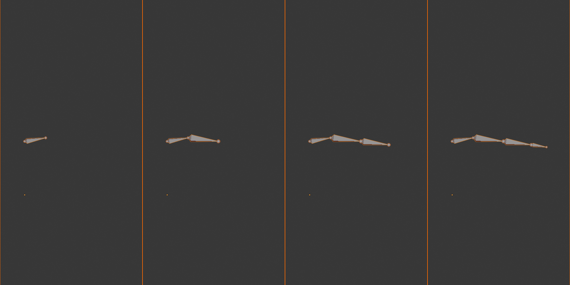 A four-panel sequence building the left arm chain: shoulder.L, then upper_arm.L, forearm.L, and hand.L, each new bone extruded from the previous one as a parent-to-child chain.