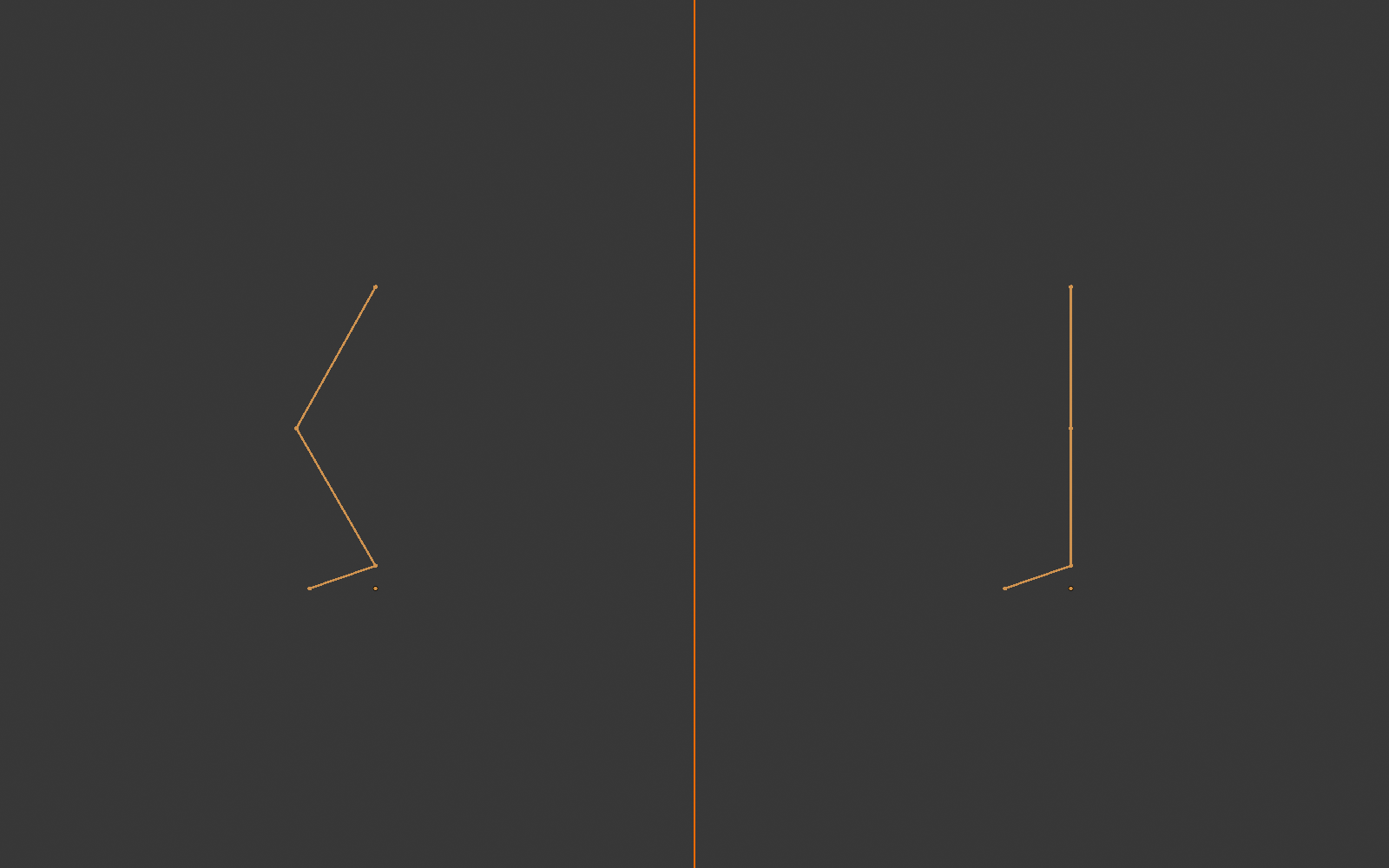 Two leg armatures side by side: the correct one has the knee joint bent forward off the hip-to-foot center line, the incorrect one runs dead straight with the knee on the center line.
