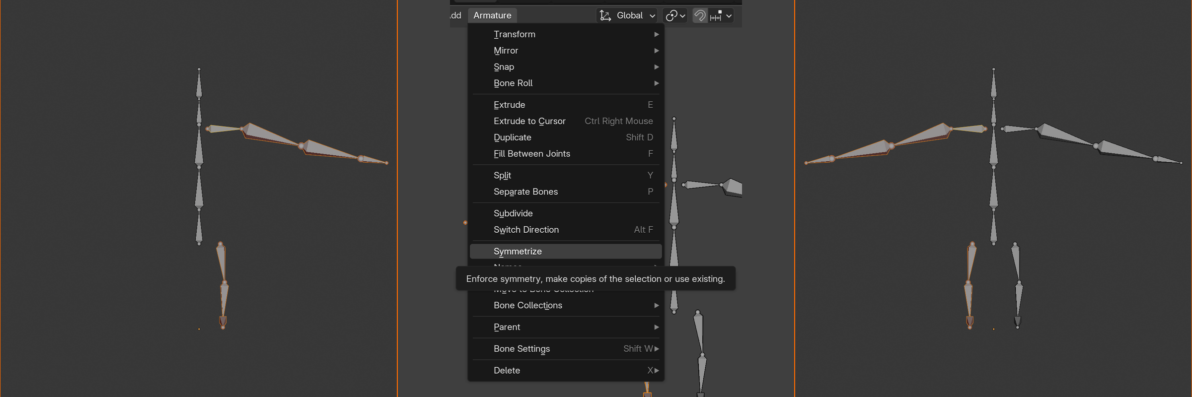 Three panels showing the Symmetrize workflow: before with only the left-side bones selected, the Armature menu with Symmetrize highlighted, and after with the right-side bones mirrored into place.