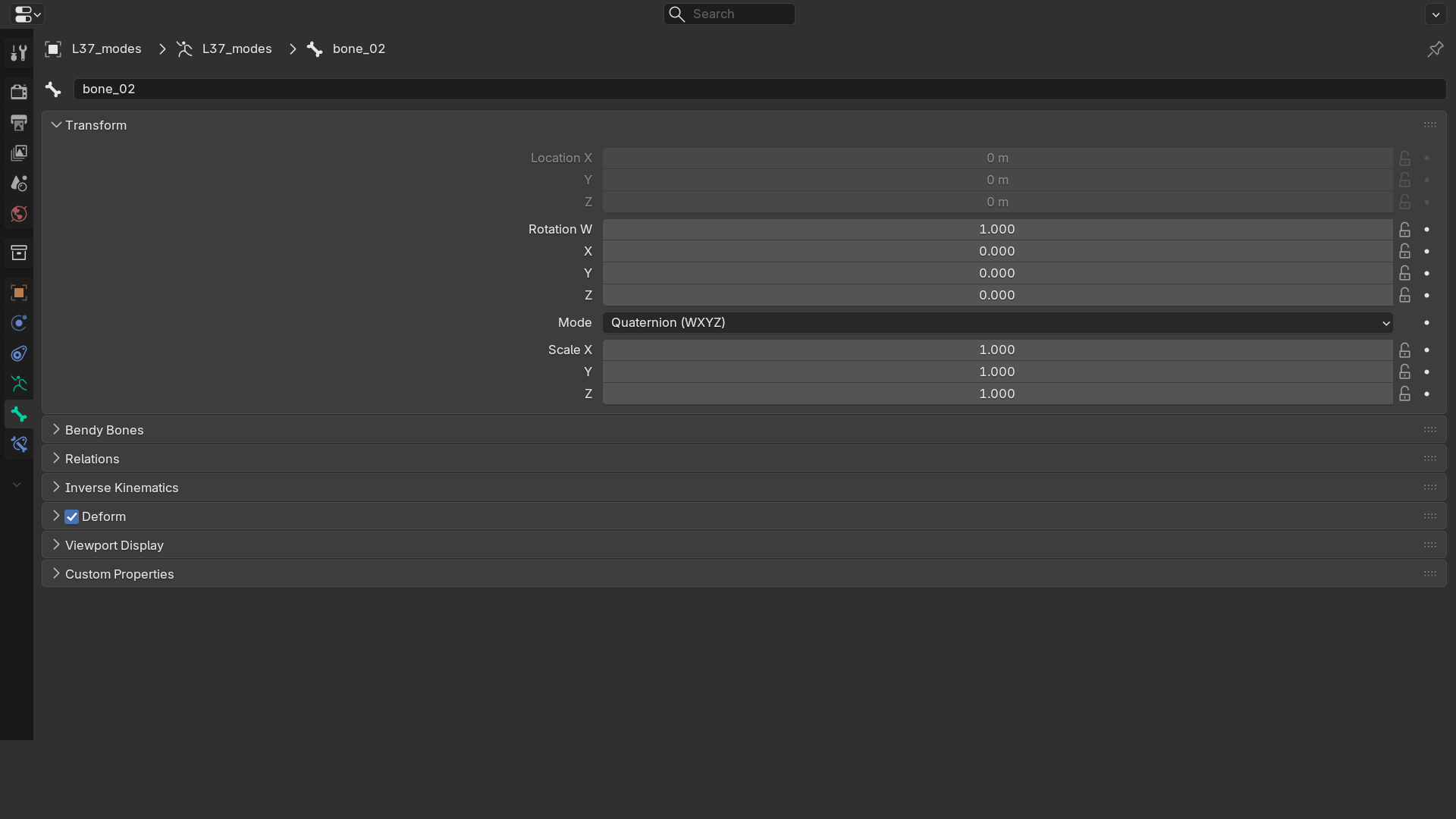 The Bone Properties panel in Pose Mode showing the Transform section expanded plus collapsed Relations, Inverse Kinematics, Deform (checkbox enabled), and Viewport Display sections.