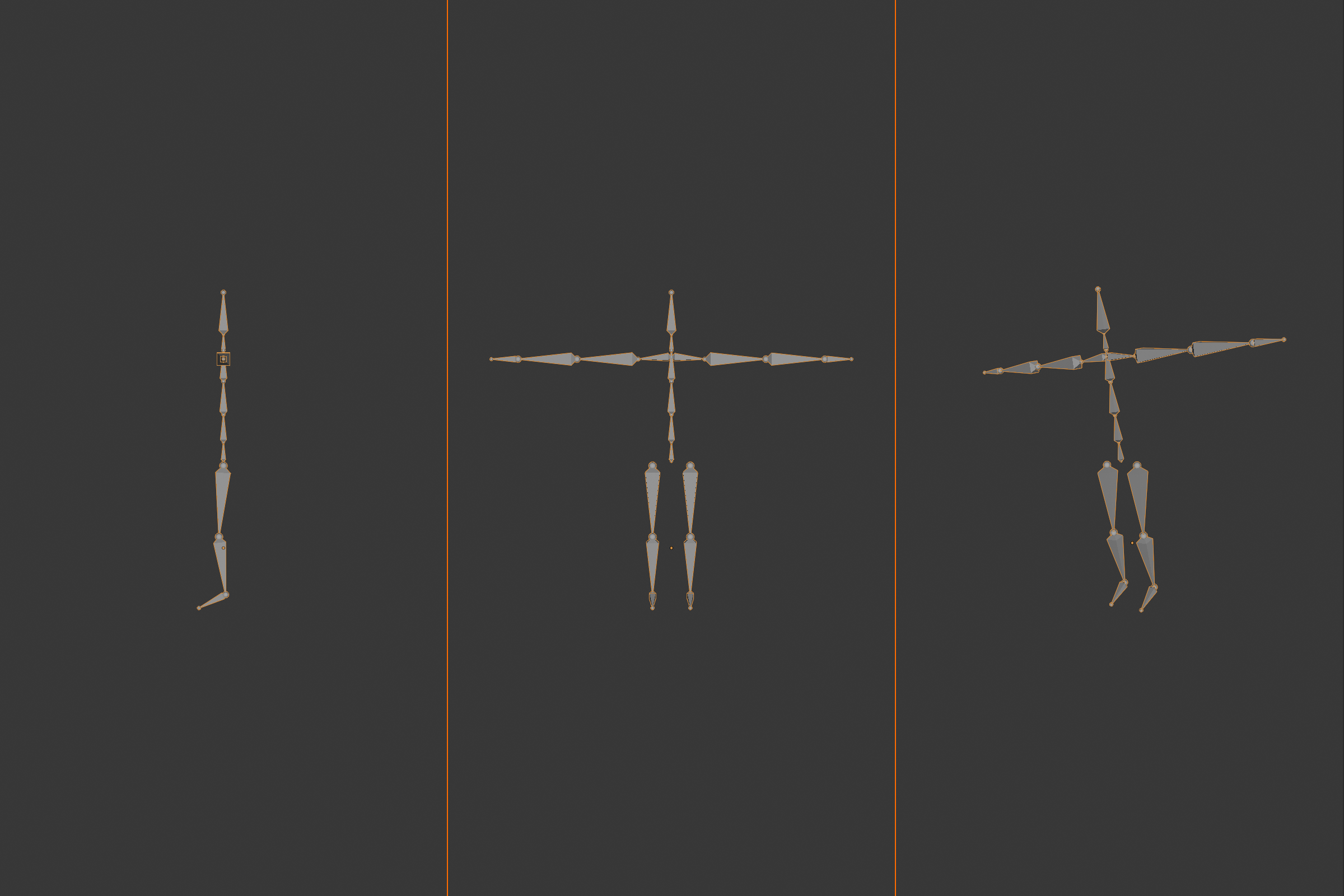 A complete biped armature in a T-pose shown from three angles: side view, a centered front view with arms outstretched, and a perspective view.