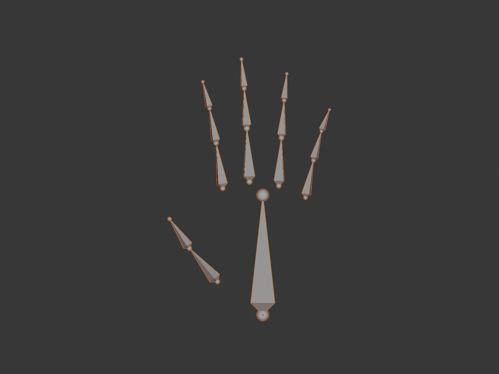 A detailed left-hand armature: a central palm bone with four three-segment fingers fanned out above it and a two-segment thumb to the lower left, fifteen bones in total.