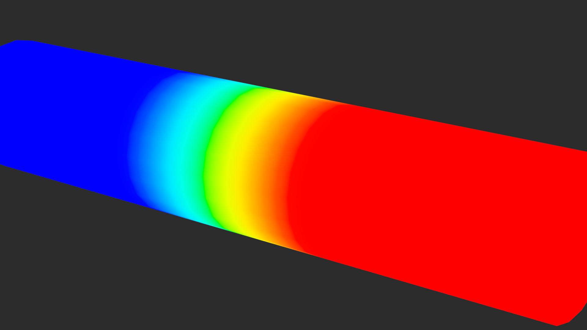 A simple arm mesh in Weight Paint Mode at a three-quarter angle, with the forearm bone selected: blue at the upper-arm end (0.0 weight), a smooth cyan-green-yellow gradient across the joint, and solid red along the forearm (1.0 weight).